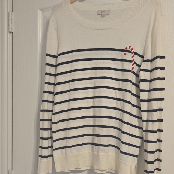 LOFT Sweaters - LOFT Navy and White Striped Sweater with Red Candy Cane Accent